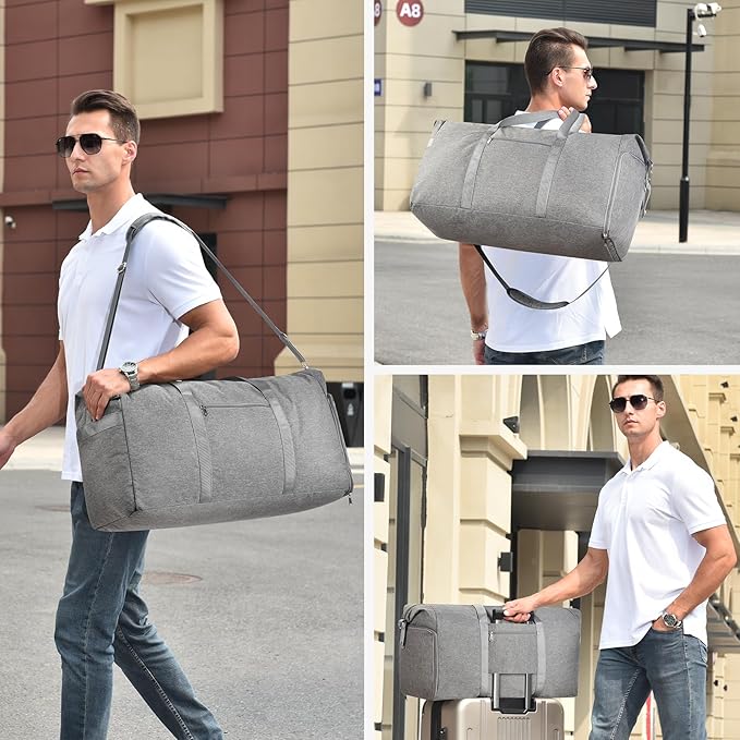 Felipe Varela 65L Duffle Bag with Shoes Compartment, Foldable Carry on Bag Travel Duffel Bags Overnight weekender Gym Bag with Wet Pocket for Women Men(Grey)