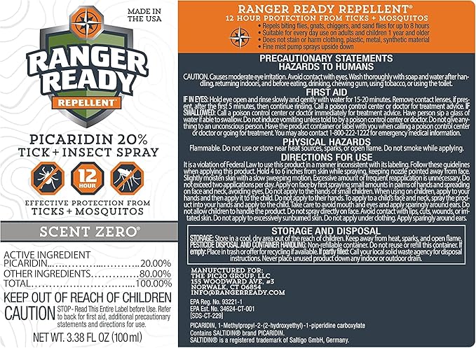 Ranger Ready Repellents Picaridin Insect Repellent Spray with Scent Zero - Mosquito Repellent and Tick Spray (3.4 oz., Pack of 2)