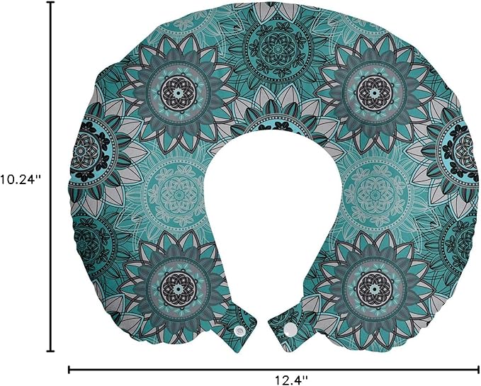 Ambesonne Mandala Travel Pillow Neck Rest, Hippie Oriental Abstract Motifs Traditional Round Spring Inspired Design, Memory Foam Traveling Accessory for Airplane and Car, 12", Taupe Black Turquoise