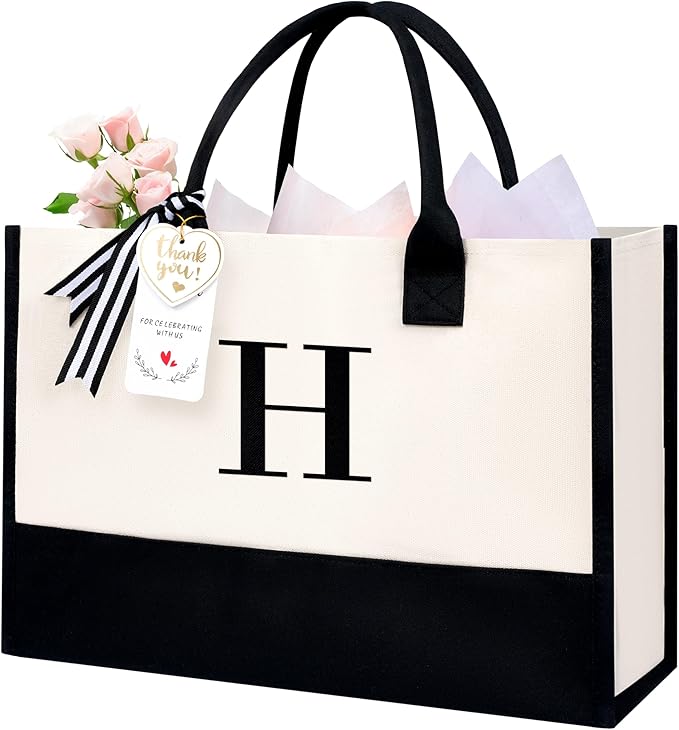 BAGAIL Initial Tote Bag, Personalized Birthday Gifts for Women, Teacher, Friends, Mom, Wedding, Monogrammed Beach Bag