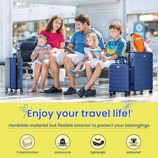 AnyZip Luggage Sets 10 Piece Hardshell Suitcase Set PC ABS Lightweight Travel Suitcases with 4 Double Spinner Wheels TSA Lock 20 24 28 Inch with 7 Storage Bags Dark Blue