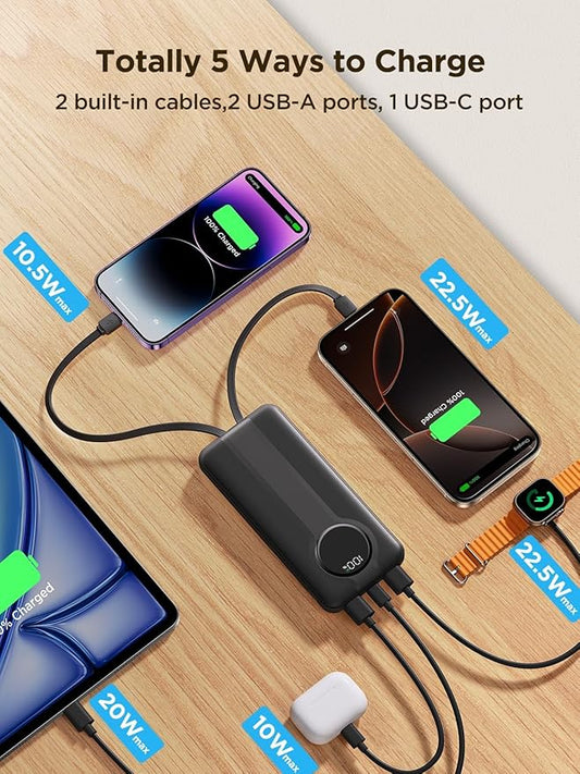 Aioneus Portable Charger, 10000mAh Power Bank with Built in Cables, 22.5W USB C in/Out Fast Charging Powerbank, Slim Travel Battery Charger Pack for iPhone 16 15 Samsung Galaxy S24 S10e Android Phone
