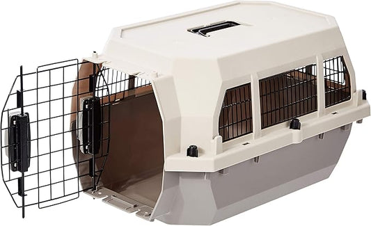Amazon Basics Hard-Sided Dog and Cat Kennel Single-Door Travel Pet Carrier with Metal Wire Ventilation, 23.6" L x 15.7" W x 13.0" H, Beige