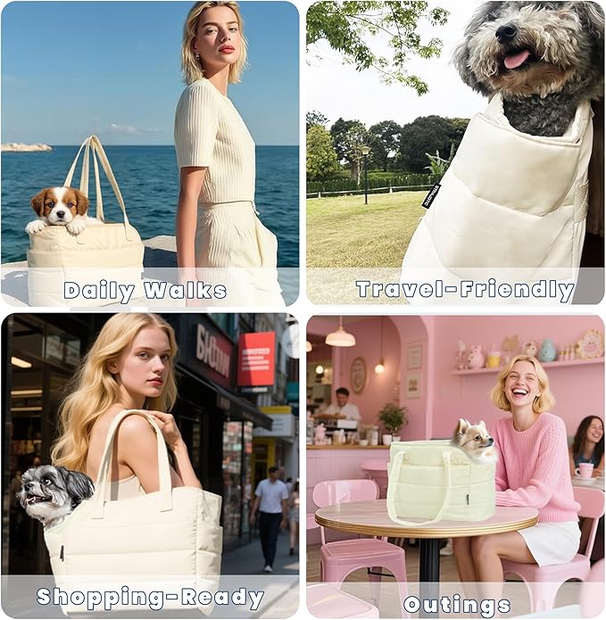 STRAODTIC Lightweight Dog Purse Carrier for Small Dogs Under 15 lbs, Puffy Quilted Pet Carrier Tote for Puppies with Safety Leash Clip, Women's Hands-Free Dog Carrier Bag for Travel/Shopping (Beige)