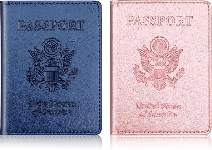 Herain Passport Holder 2Pcs, Passport Cover Wallet Case for Women Men Family, Passports Book Holders Travel Must Haves Cruise Ship Essentials (Dark Blue & Rose Gold)