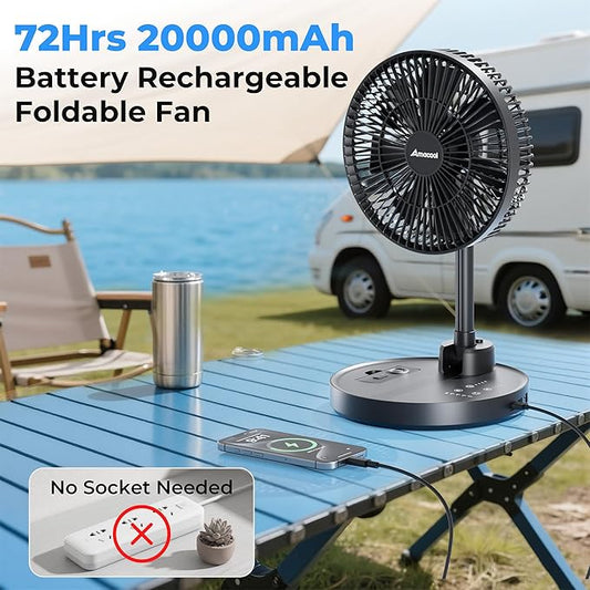 AMACOOL 10'' Foldable Oscillating Fan, 20000mAh Battery Operated with Remote & Timer, Height Adjustable Portable Standing Fan, Quiet USB Output for Camping RV Picnic Home Office Outdoor
