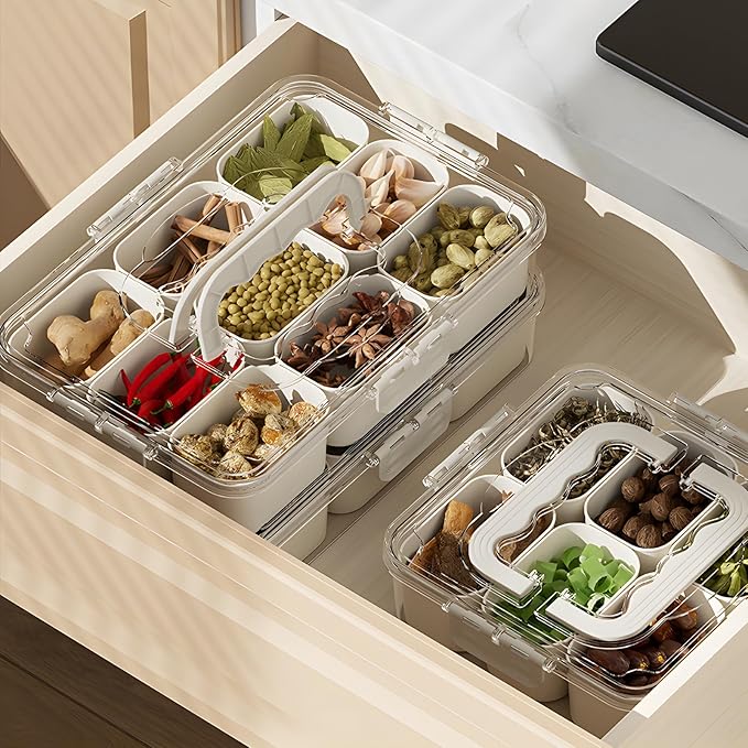 Divided Veggie Tray with Lid and Handle 6 Compartment Serving Tray with Dividers Portable Travel Snack Containers Stackable Snackle Box Charcuterie Container for Fruit,Vegetable,Salad (6 Containers)