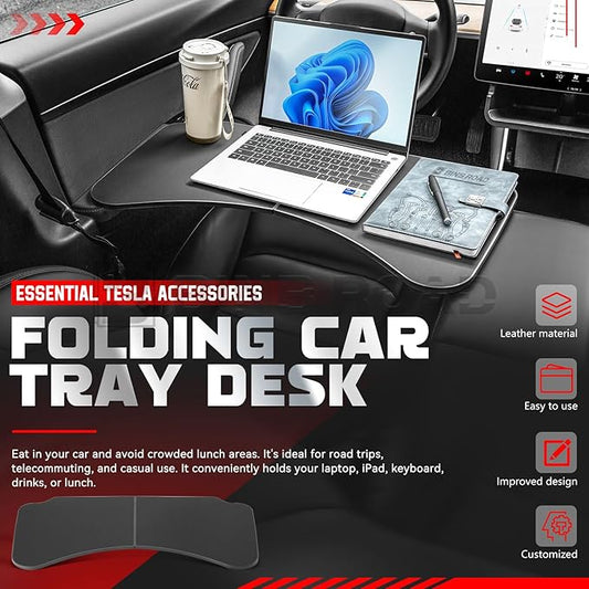 BINB ROAD Car Folding Tray Table Leather Compatible with Tesla Model 3 Y – Multi-Use Dining Tray & Laptop Stand, Fits Front Driver & Passenger Seats,Black