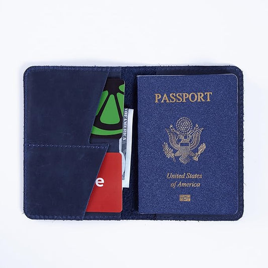 INCARNE US Passport Cover Clear - Travel Passport Wallet - Leather Passport Holder for Men Women Family with Card Slots & Note Compartmen - Sleeve Protector - Genuine Leather - Vintage Blue