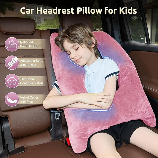 Car Pillow for Kids, Travel Pillow with Adjustable Strap, U-Shaped Pillow for Adults and Children to Support Head and Body Road Trip Essentials (Pink)
