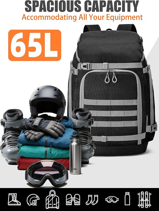 New Ski/Snowboard Boot Bag/Skating Bag | Excellent for Store and Transport Gear, Helmet, Goggles & Accessories | Travel with Waterproof Exterior, Reflective Strip for Men, Women (Black)