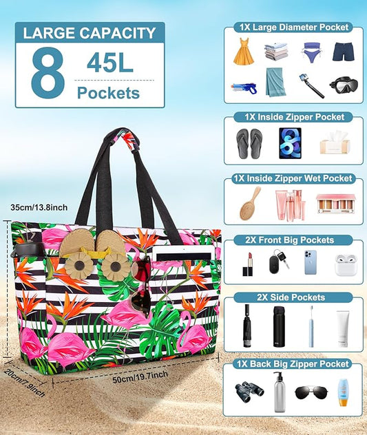 Extra Large Beach Bag Waterproof Beach Totes Bags for Women, Lightweight Foldable Pool Bag with Zipper Wet Compartment