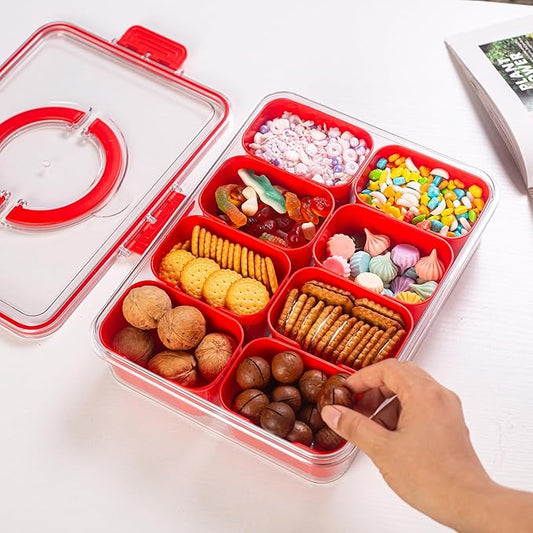 Divided Serving Tray with Lid and Handle - Snackle Box Charcuterie Container for Portable Snack Platters Organizer for Candy, Fruits, Nuts, Snacks - Perfect for Party, Entertaining, Red