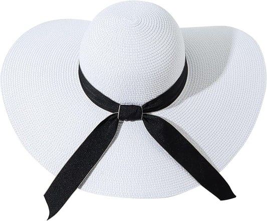 Lanzom Womens Wide Brim Straw Hat Big Floppy Foldable Roll up Cap Beach Sun Hat UPF 50+