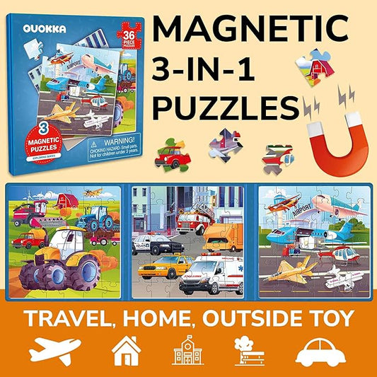 QUOKKA Magnetic Toddler Puzzles Ages 2-4 β 24 Pieces Kids Puzzles Ages 3-5 β Travel Games and Toys for Kids 4-6 Boys and Girls β Learning Transport Car Airplane Road Trip Activities