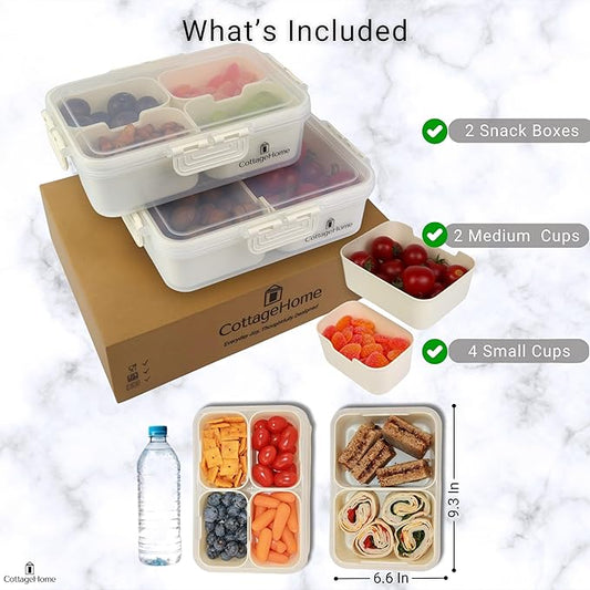 2 Pack Mini Snackle Box Container - 4 Compartment Divided Serving Tray with Lid for Meal Prep, Lunch, School - Dishwasher Safe, Reusable Travel Snack Box for Candy, Fruits, Snacks