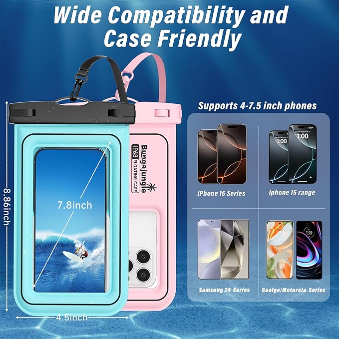 Waterproof Phone Pouch - 2 Pack IP68 Floating Waterproof Phone Case, Dry Bag Beach Cruise Ship Essentials with Adjustable Lanyard for iPhone 16 Pro Max / 15 Pro / Galaxy S24 S23 (Blue and Pink)