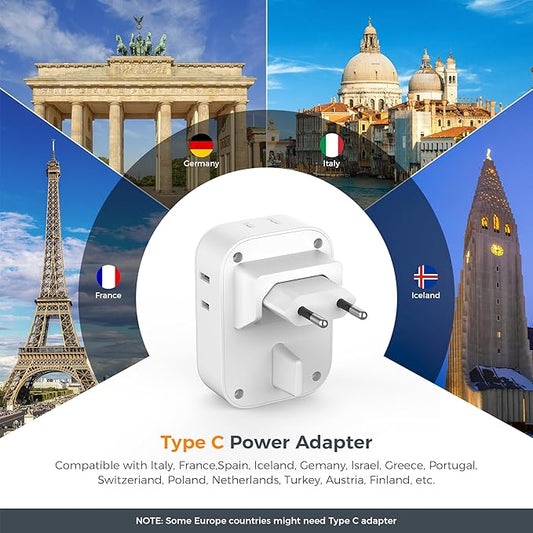 TESSAN European Travel Plug Adapter, Europe Adapter with 4 Outlets and 3 USB(1 USB C PD 20W), International Foldable Plug Type C Power Adaptor for EU Spain France Italy Germany Portugal Iceland
