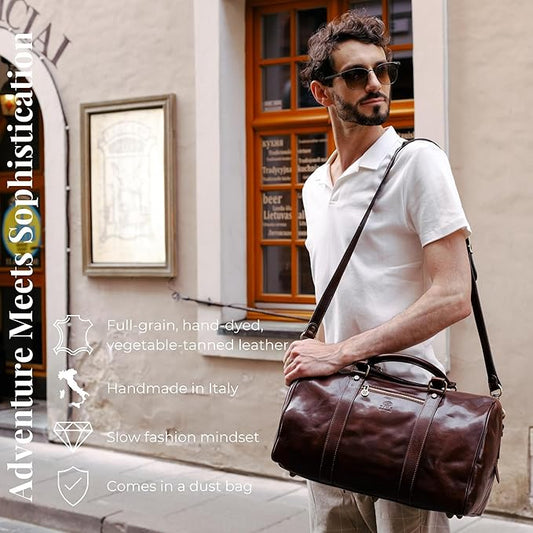 Full Grain Leather Small Duffel Bag Gym Bag Weekender Overnight Unisex Brown - Time Resistance