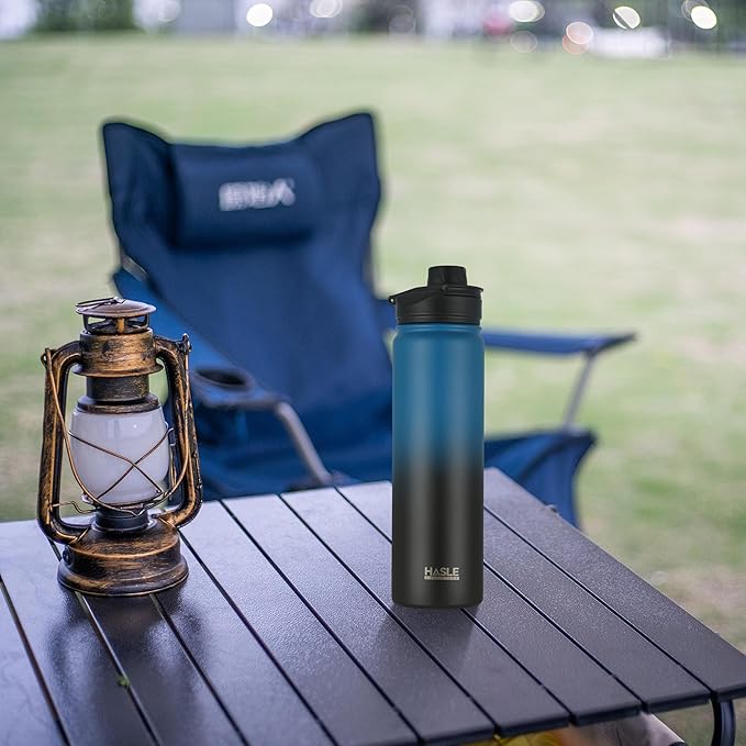 HASLE OUTFITTERS Insulated Water Bottle 22 oz Double Wall Stainless Steel Water Bottle Wide Mouth with Straw Lid & Spout Lid Keeps Cold or Hot(Blue Black Gradient,1)