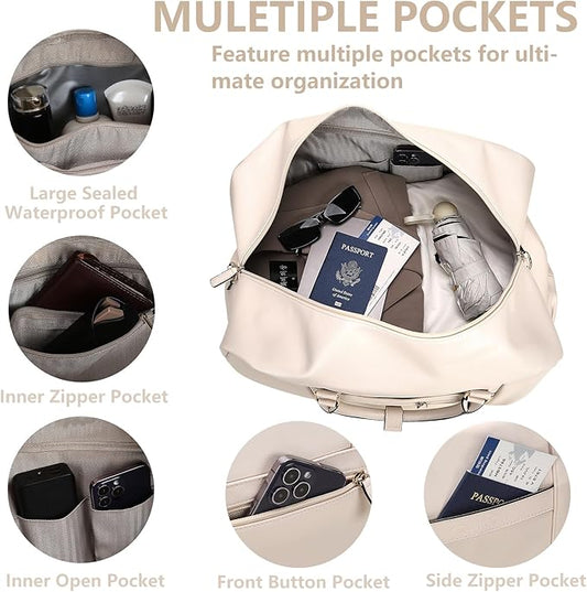 4PCS Leather Duffle Bags, Weekender Bag for Women Men, Large Travel Duffel-Overnight Bag with Toiletry, Makeup, Shoulder Bag, Faux Leather Carry On with Shoe Compartment (White)