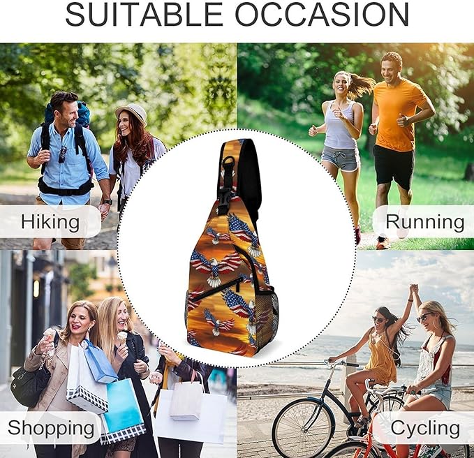 SWEET TANG Cool Sling Backpack American Bald Eagle, Lightweight Sling Shoulder Bag, Outdoor Chest Crossbody Bike Gym Runner Daypack with Adjustable Strap for Men Women