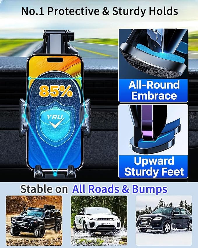 YRU [2025 Upgraded Universal Car Phone Holder Mount【360°Rotatable & Strong Suction】 Cell Phone Car Dashboard Windshield Phone Holder Dash Vent Stand for iPhone 17 16 Pro Max Samsung Truck, Black