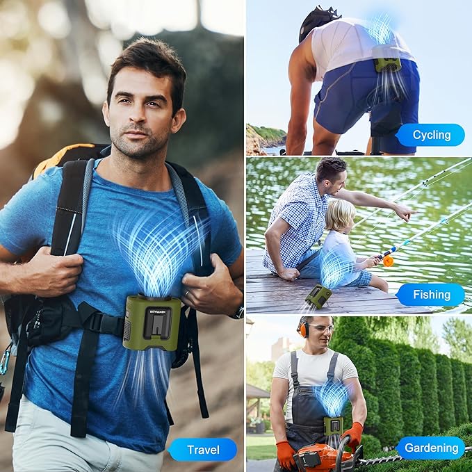 KITWLEMEN 14500mAh Portable Waist Fan - Personal Clip on Belt Fan, 5 Speed 67H Cooling, Rechargeable Battery Operated, Wearable with Lanyard & Light for Camping, Travel, Jobsite (Green)