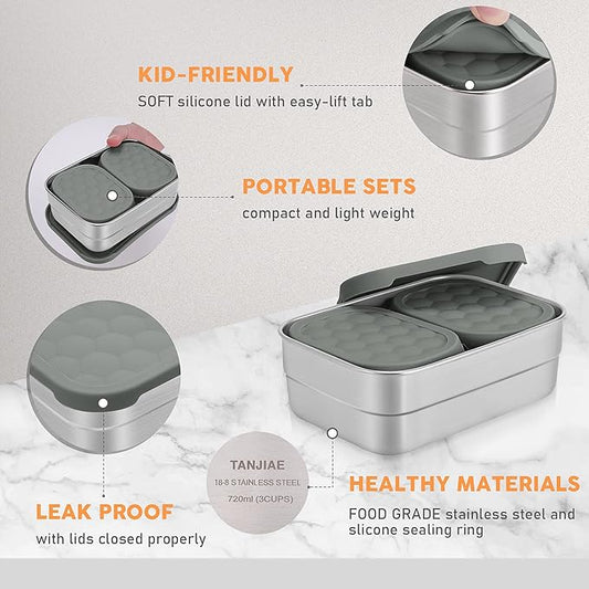 3 CUP+1 CUP Stainless Steel Lunch Snack Containers Set | Leak Proof 304 Stainless Steel Food Containers with Silicone Lids - Perfect Metal Lunch Box for School and Daycare (25oz+8oz*2)