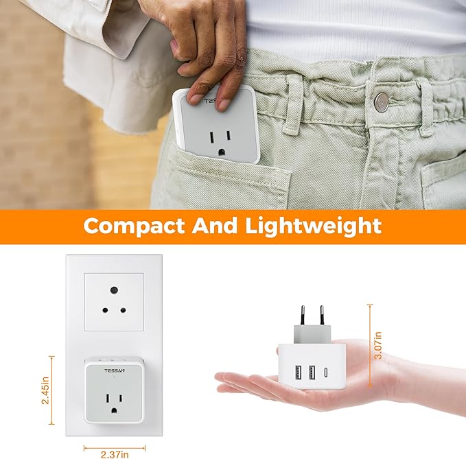 TESSAN European UK India Travel Plug Adapter Kit, International Detachable with 3 Outlet 3 USB(1 USB C), Type C/G/D EU Power Adaptor, US to Europe Italy Spain France Ireland Dubai Maldives