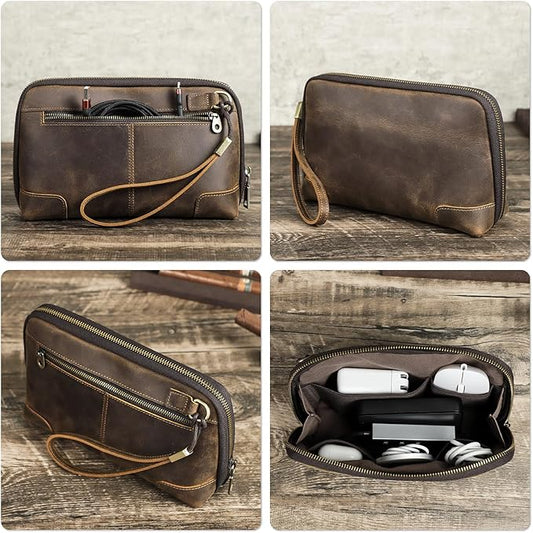 Electronic Organizer Zipper Bag Tech Pouch, Top Grain Leather Handmade, Portable Compact Travel Storage Cases Fits Apple Accessories, Phone, USB Cables, Power Banks, Chargers, Hard Drive