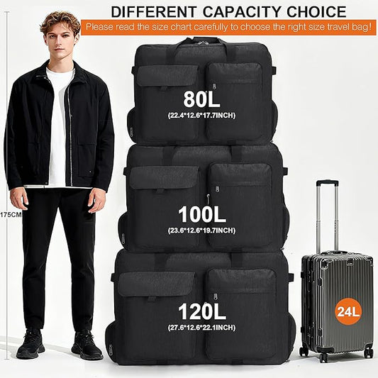 Large Travel Duffle Bag for Men Women, 80L 100L 120L Foldable Waterproof Duffle Bag, Packable Bag with Shoes Compartment for Overnight Gym Weekender Bag (Black, 120L)