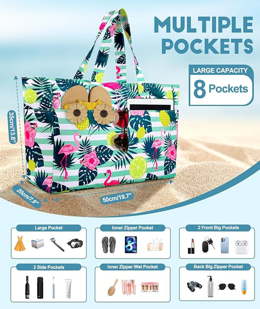 Extra Large Beach Bag Waterproof Beach Totes Bags for Women, Lightweight Foldable Pool Bag with Zipper Wet Compartment