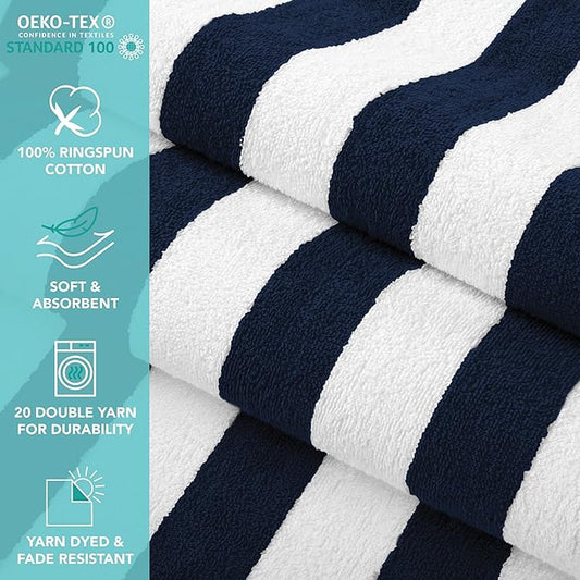 Arkwright California Cabana Stripe Beach Towel - Pack of 4, Large Soft Quick Dry Cotton Terry Towels Set for Pool, Swim, and Hot Tub, Oversized 30 x 70 in, Navy