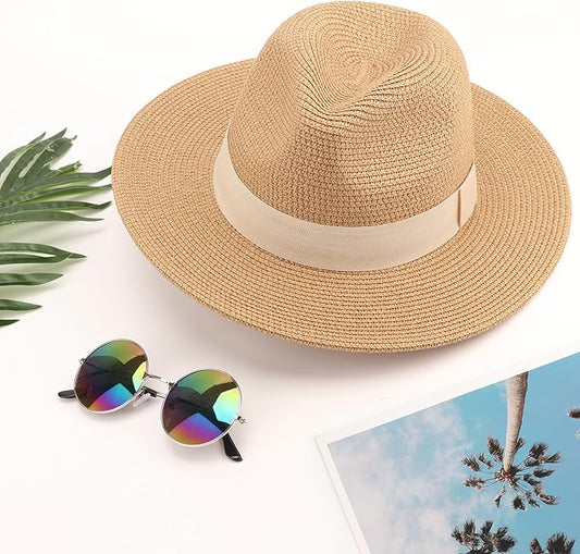 DRESHOW Women Straw Panama Hat Travel Fedora Beach Sun Hat Summer Wide Brim Straw Roll up Hat UPF 50+