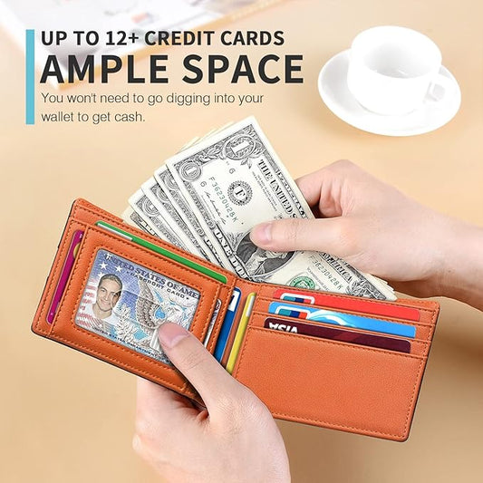 RUNBOX Wallet for Men Slim 11 Credit Card Holder Slots Leather RFID Blocking Small Thin Men's Wallet Bifold Minimalist Front Pocket Large Capacity Gift Box