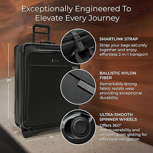 Briggs & Riley 29" Large Expandable Spinner - Checked Luggage for Travel, Suitcases with Wheels, Softside Rolling Bag for Men & Women, Self-Repairing Zipper - Baseline Collection, Black
