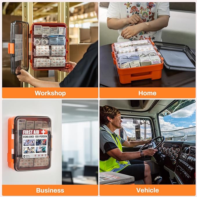 RHINO RESCUE First Aid Kit for Business - Plastic Wall Mounted First Aid Box, Hard Case Emergency Kit for Home, Office, Workshop, Restaurant (Orange)