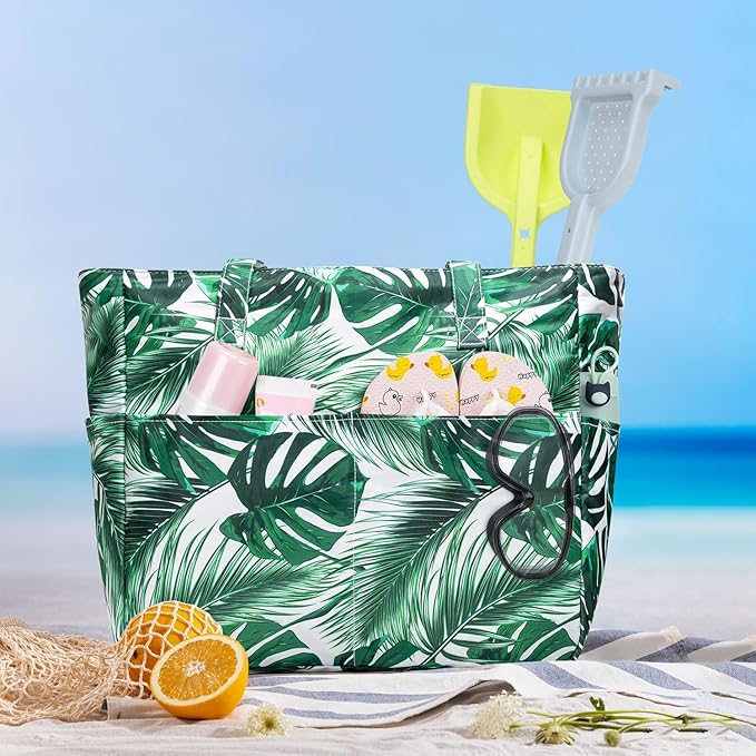 KABAQOO Extra Large Beach Bag Waterproof Sandproof Women Beach Tote with Zipper & Wet Compartment for Pool Gym Grocery Travel