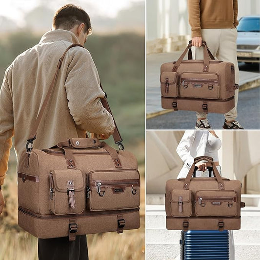 WITZMAN Canvas Weekender Bag Mens Overnight Bag for Traveling Carry on Duffle Bags with Shoes Compartment(A8010 Brown)