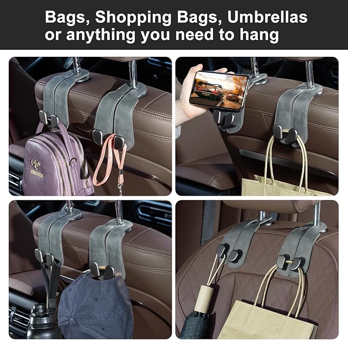 CoBak Headrest Hooks for Car - Universal Premium Stitched Leather and Aluminum-Magnesium Alloy Double Car Seat Back Storage Hook for Purses, Handbags, Bags (2 Pack),Gray