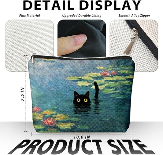 Black Cat Makeup Bag, Black Cat Mom Lovers Lady Gifts Cosmetic Bag for Women, Pet Lover Gifts, Impressionist Whimsical Waterlily Kitten Small Toiletry Bags Zipper Makeup Pouch