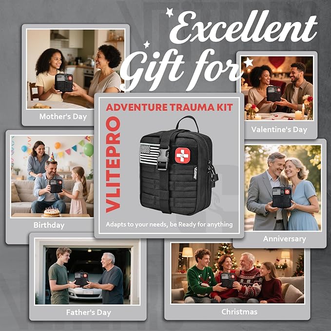 Trauma First Aid Kit - IFAK Trauma Kit with Trauma Bandage, Splint, Tourniquet, Wound Care, Bleeding Control - Tactical Molle Pouch for Military, Combat, Camping, Home, Hiking,Travel- Black