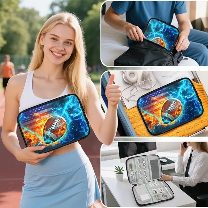 Football Fire Travel Cable Organizer Pouch American Flag Soccer Electronics Accessories Carry Case Portable Water Resistant Storage Bag for Cord Charger Phone Earphone SD Card