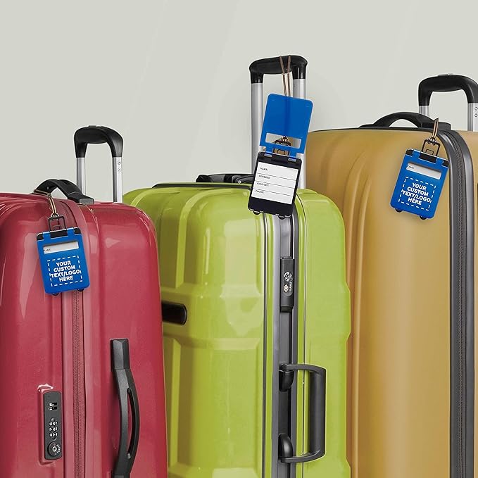 50 Mini Carry-on Luggage Tags Pack - Customizable Text, Logo - Flip Open Cover, ID Sticker - Blue