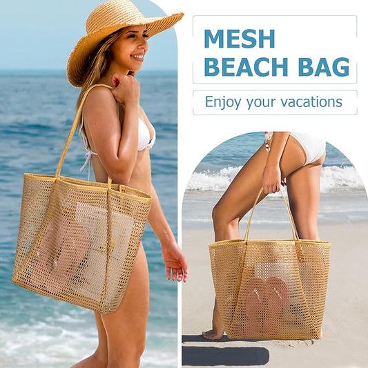 Iioscre Mesh Beach Tote Bags for Womens, Causal Hobo Pool Bags for Swimming Pools Vacations Beach Essentials