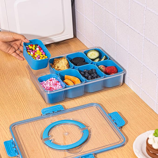 Patent Design Ribbed Snackle Box Container Divided Serving Tray with Lid and Handle -Charcuterie Container Portable Storage Organizer for Candy, Fruit, Beach, Picnics(1 pcs, Cerulean)