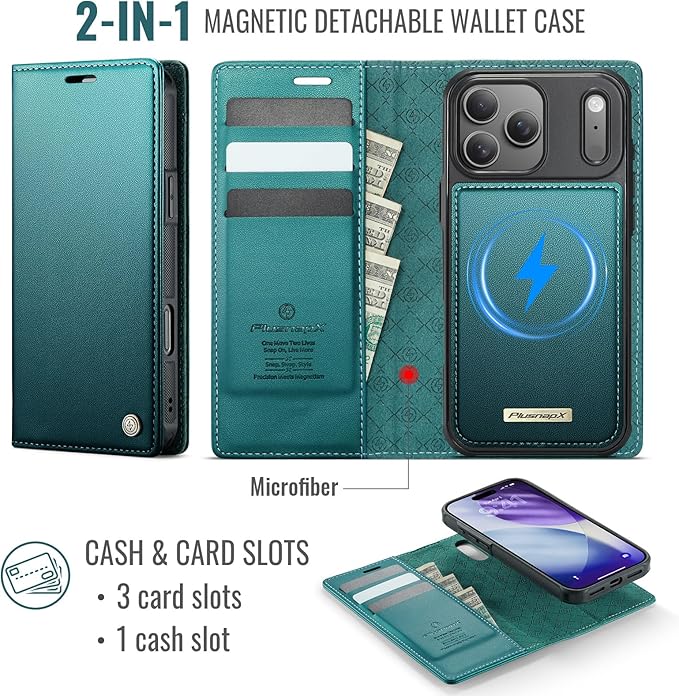 PlusnapX Wallet Case for iPhone 17 Pro Compatible with Magsafe, 2-in-1 PU Leather Flip RFID Blocking Card Holder Stand Shockproof Magnetic Detachable Cover for iPhone 17 Pro Case 6.3", Bluegreen