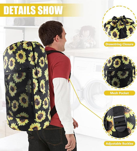 Laundry Bag Backpack, 2PCS Extra Large Travel Laundry Bag with Mesh Pocket & Adjustable Shoulder Straps,Dirty Clothes Travel Bag for College Students Dorm,Apartment(Sunflower)