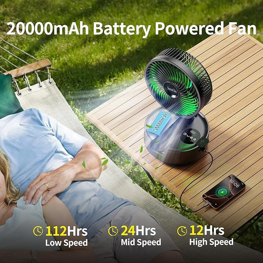 Socool 20000mAh 8 Inch Portable Fan Battery Operated Fans, Oscillating Charging Fan, Remote Control LED Light, 112 Hours Portable Foldable Fans for Camping Travel Outdoor